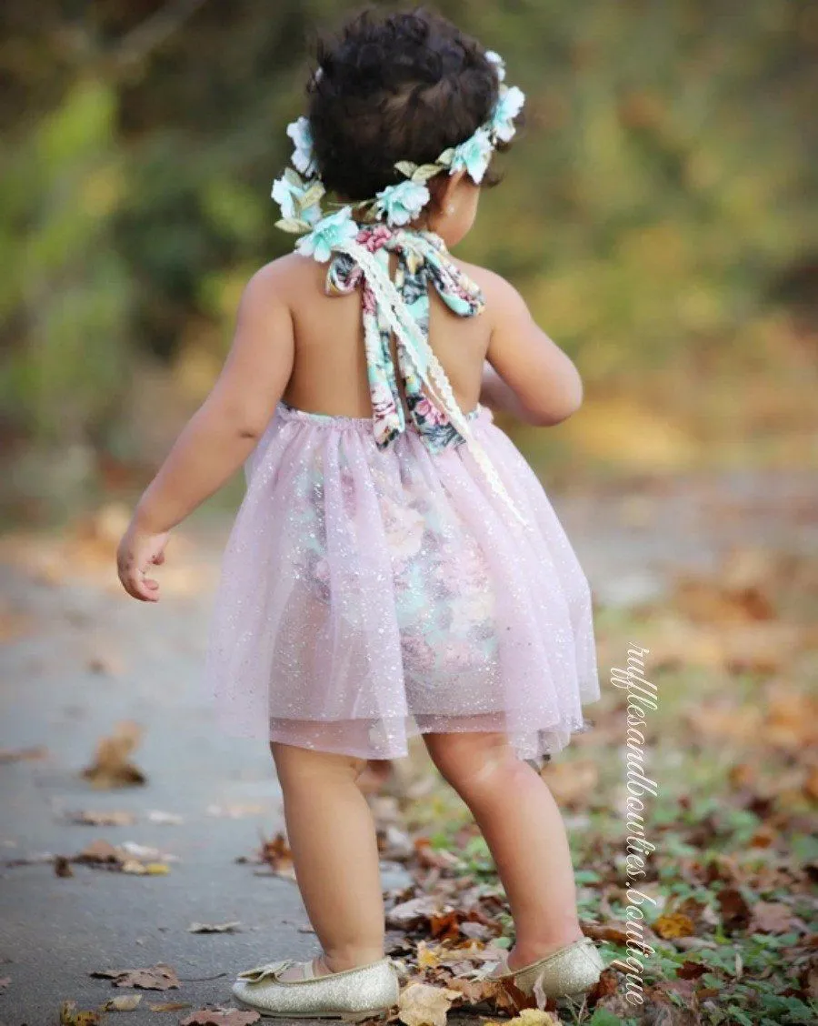 $17.50 EA - 6-12M X 2/ 12-24M X 2 -- Aqua, Dusty Mauve & Gold Sequin Floral Vintage Tutu Romper