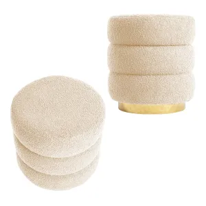2X Round Stacked Ottoman Stool | Teddy Fleece Fabric Foot Rest | 38cm | Beige