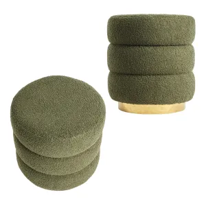 2X Round Stacked Ottoman Stool | Teddy Fleece Fabric Foot Rest | 38cm | Green