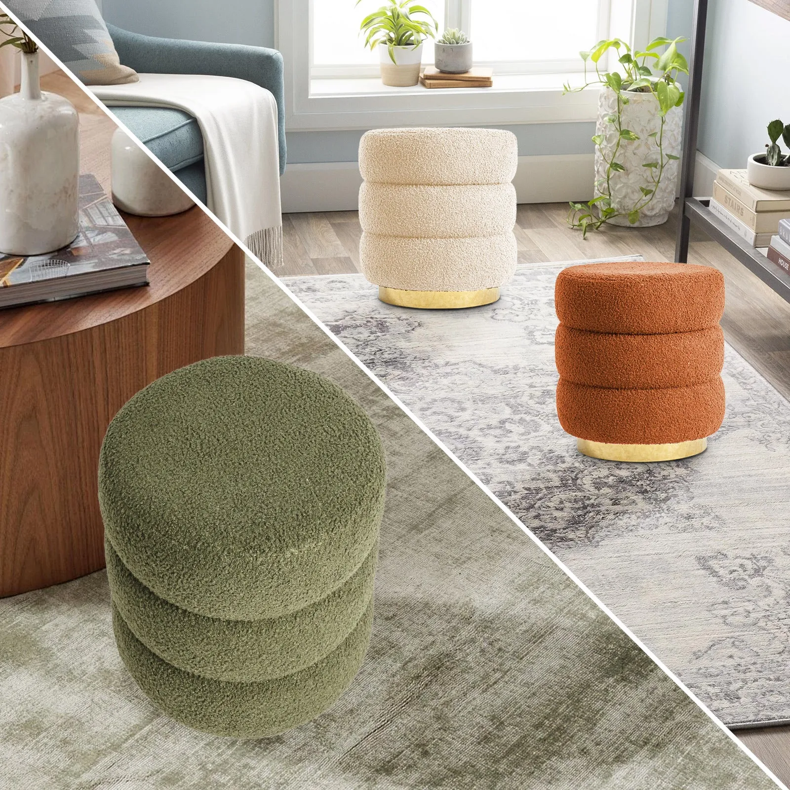 2X Round Stacked Ottoman Stool | Teddy Fleece Fabric Foot Rest | 38cm | Orange