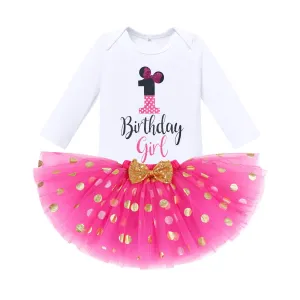 Baby Girl 1st Birthday Outfit Long Sleeve Polka Dots Romper Tutu Skirt Mouse Ears Headband Fancy Dress up Costume Winter Fall Dress Clothes Set for Cake Smash Photo Shoot Hot Pink 1st Birthday 1 Year