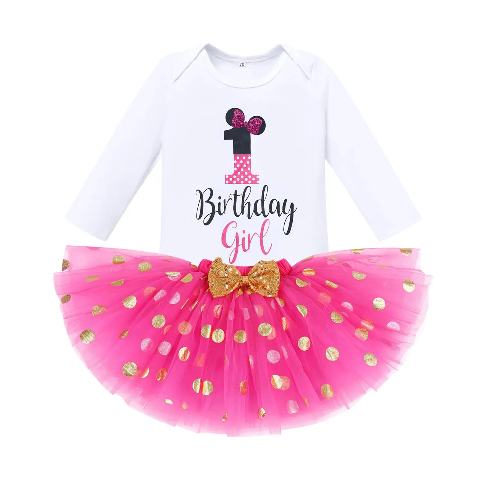 Baby Girl 1st Birthday Outfit Long Sleeve Polka Dots Romper Tutu Skirt Mouse Ears Headband Fancy Dress up Costume Winter Fall Dress Clothes Set for Cake Smash Photo Shoot Hot Pink 1st Birthday 1 Year