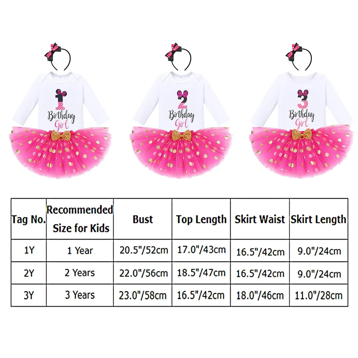 Baby Girl 1st Birthday Outfit Long Sleeve Polka Dots Romper Tutu Skirt Mouse Ears Headband Fancy Dress up Costume Winter Fall Dress Clothes Set for Cake Smash Photo Shoot Hot Pink 1st Birthday 1 Year