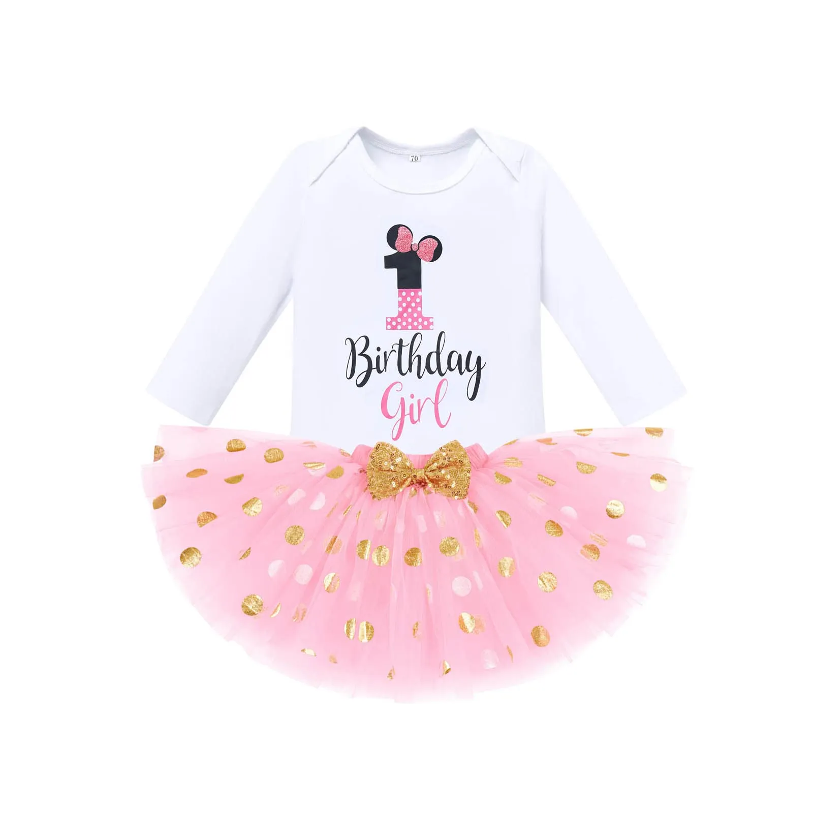 Baby Girl 1st Birthday Outfit Long Sleeve Polka Dots Romper Tutu Skirt Mouse Ears Headband Fancy Dress up Costume Winter Fall Dress Clothes Set for Cake Smash Photo Shoot Pink 1st Birthday 1 Year