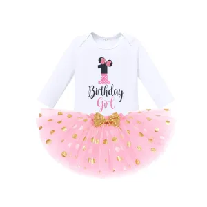 Baby Girl 1st Birthday Outfit Long Sleeve Polka Dots Romper Tutu Skirt Mouse Ears Headband Fancy Dress up Costume Winter Fall Dress Clothes Set for Cake Smash Photo Shoot Pink 1st Birthday 1 Year