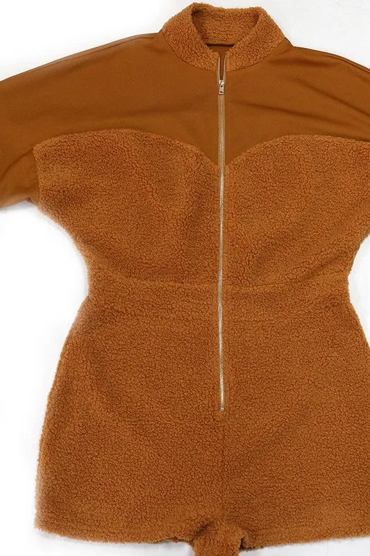 Brown Fuzzy Teddy Long Sleeve Romper