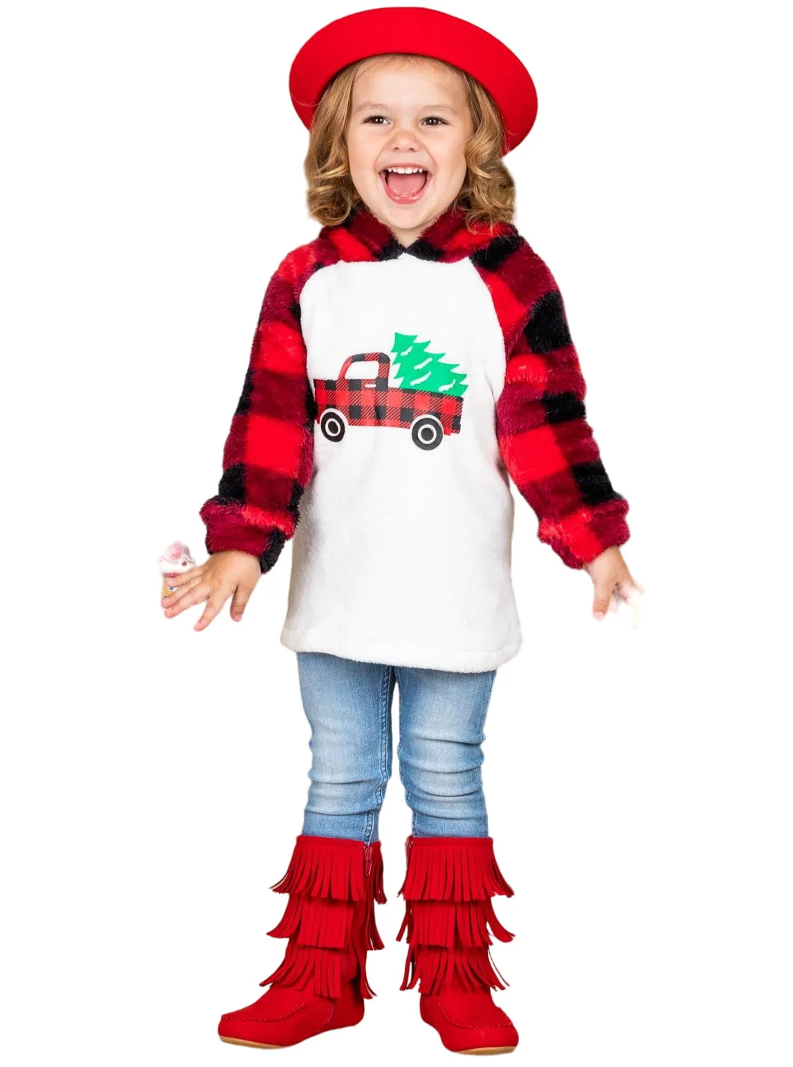 Christmas Tree Truck Fleece Raglan Holiday Hoodie