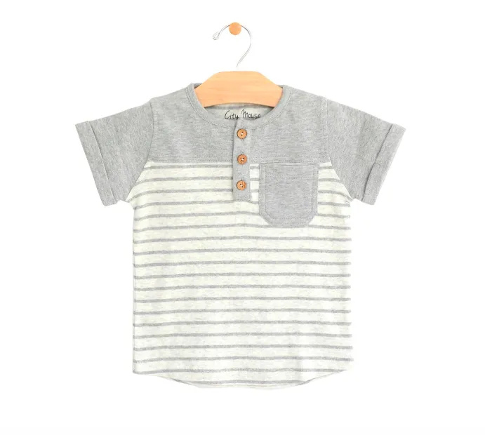 City Mouse - Pocket Henley Tee in Melange Grey Stripes