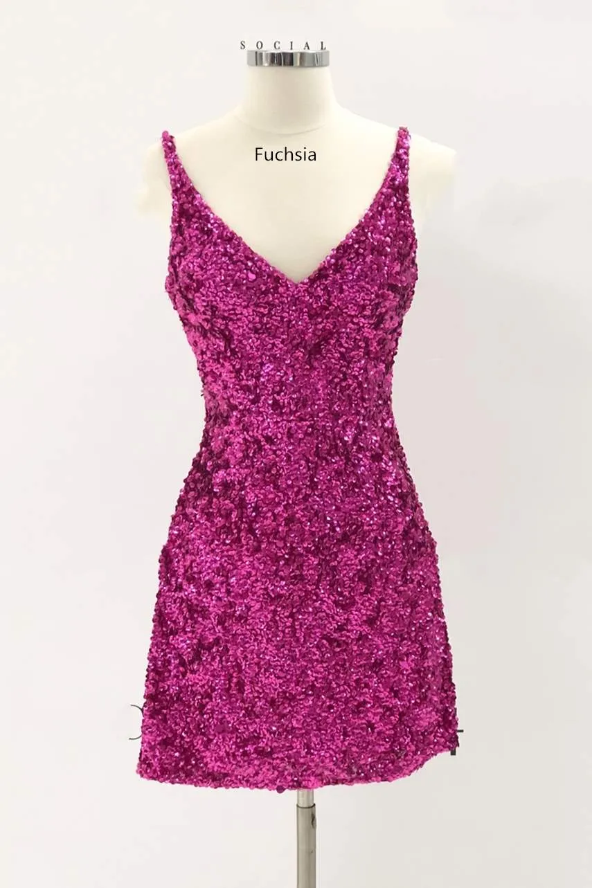 Glitter V Neck Red Sequins Tight Mini Homecoming Dress VK23092007
