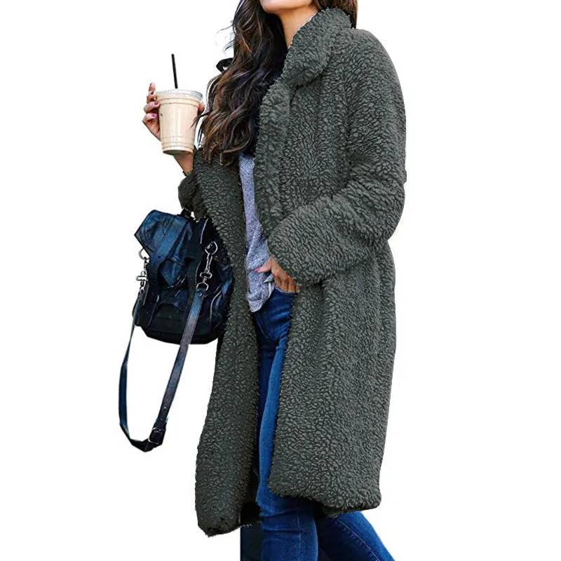 Lapel Collar Women Solid Color Oversized Teddy Coat