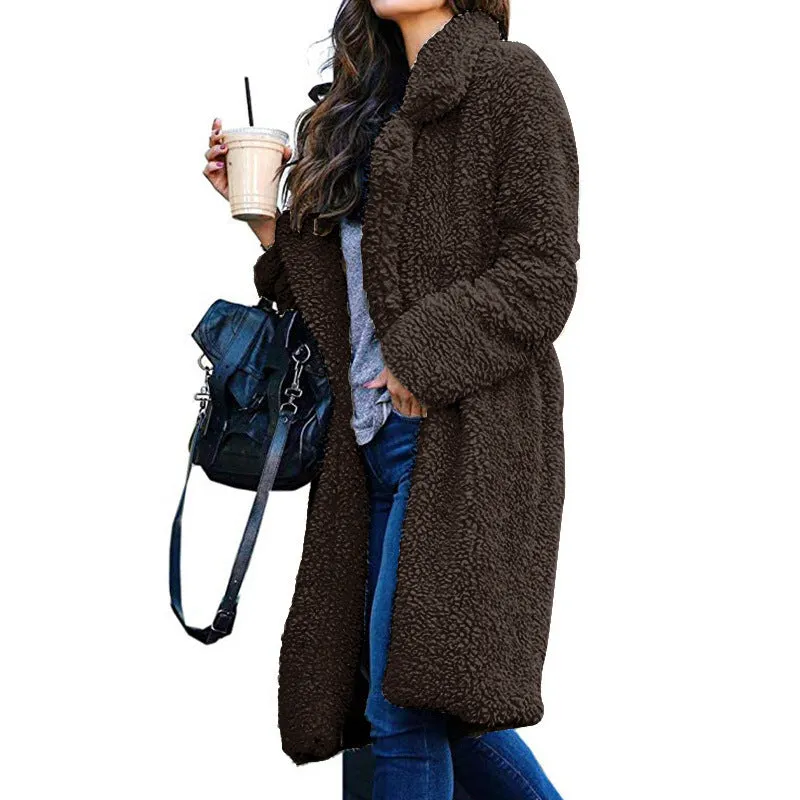 Lapel Collar Women Solid Color Oversized Teddy Coat