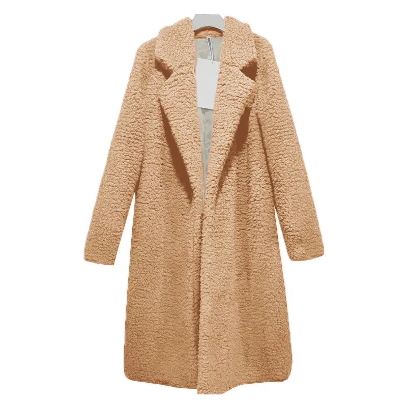 Lapel Collar Women Solid Color Oversized Teddy Coat