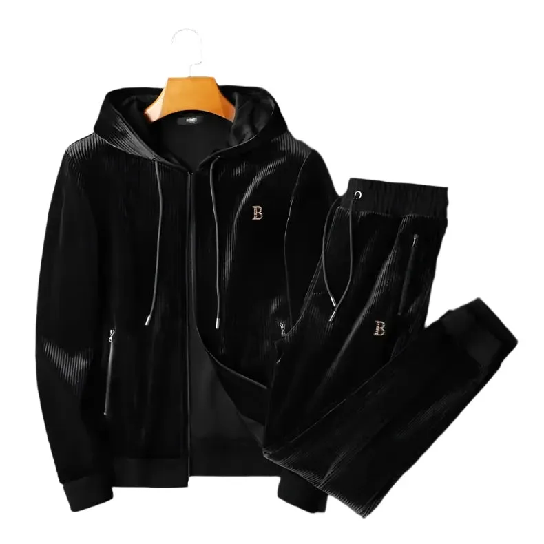 Men's Luxury Gold Velvet Two-Piece Leisure Sports Hooded Set – Loose Fit, Perfect for Autumn and Winter