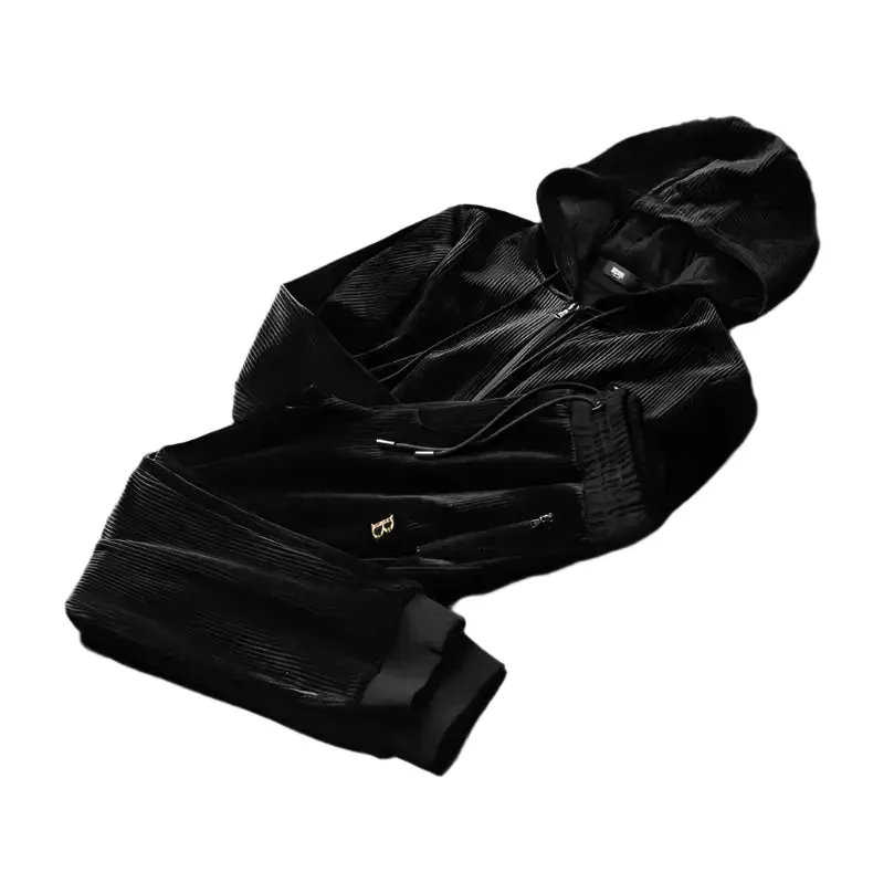 Men's Luxury Gold Velvet Two-Piece Leisure Sports Hooded Set – Loose Fit, Perfect for Autumn and Winter