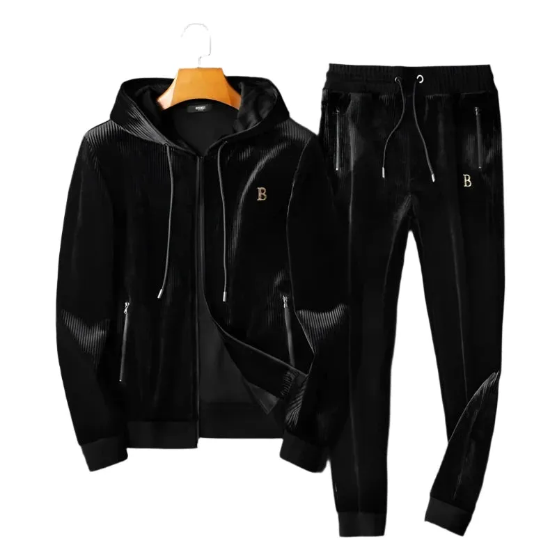 Men's Luxury Gold Velvet Two-Piece Leisure Sports Hooded Set – Loose Fit, Perfect for Autumn and Winter