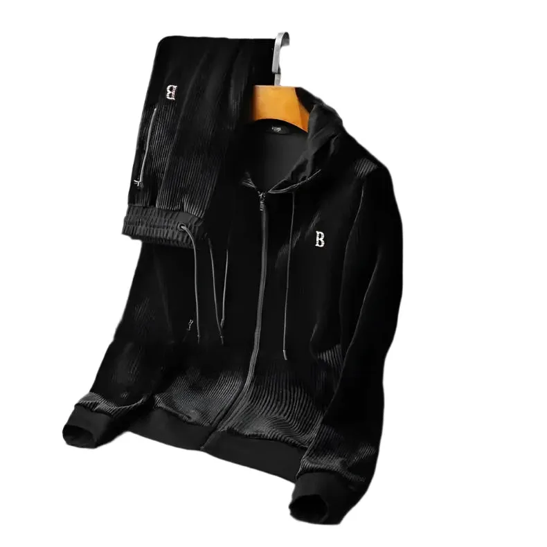 Men's Luxury Gold Velvet Two-Piece Leisure Sports Hooded Set – Loose Fit, Perfect for Autumn and Winter