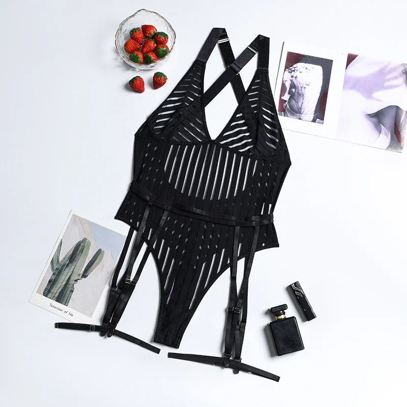 Mesh Striped Strap Belts Panel Teddy And Bodysuits