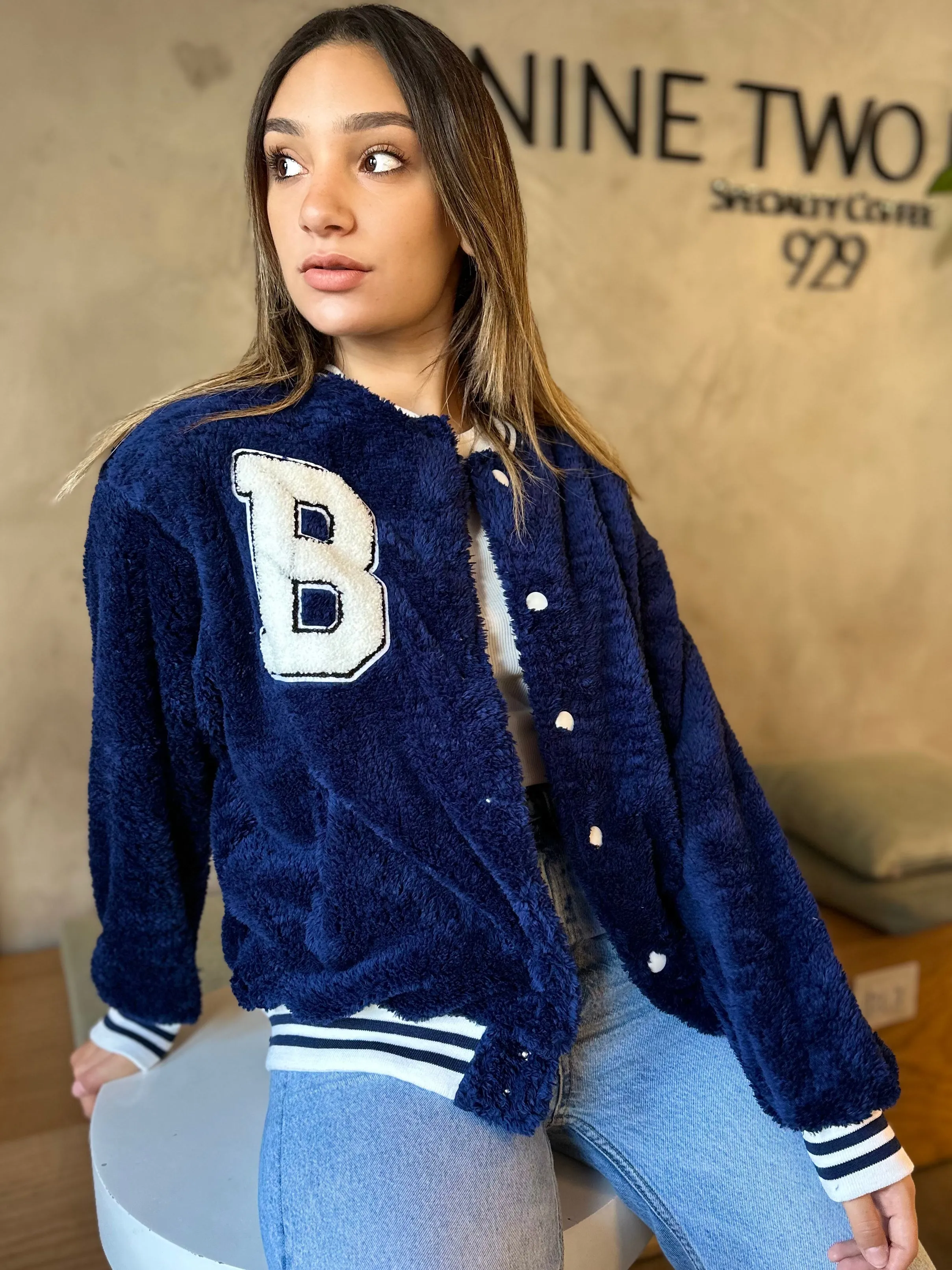 Navy Teddy Varsity Jacket