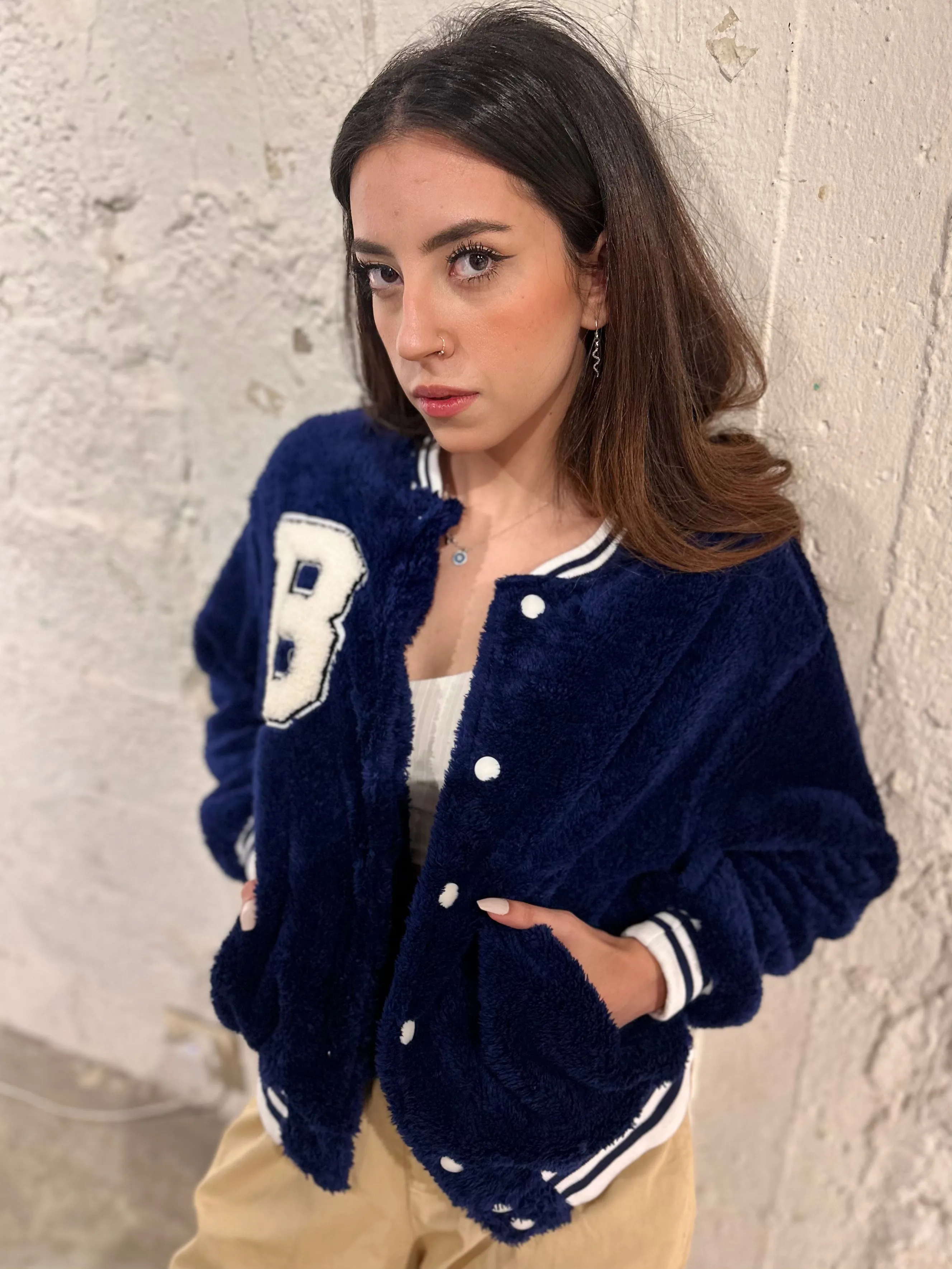 Navy Teddy Varsity Jacket