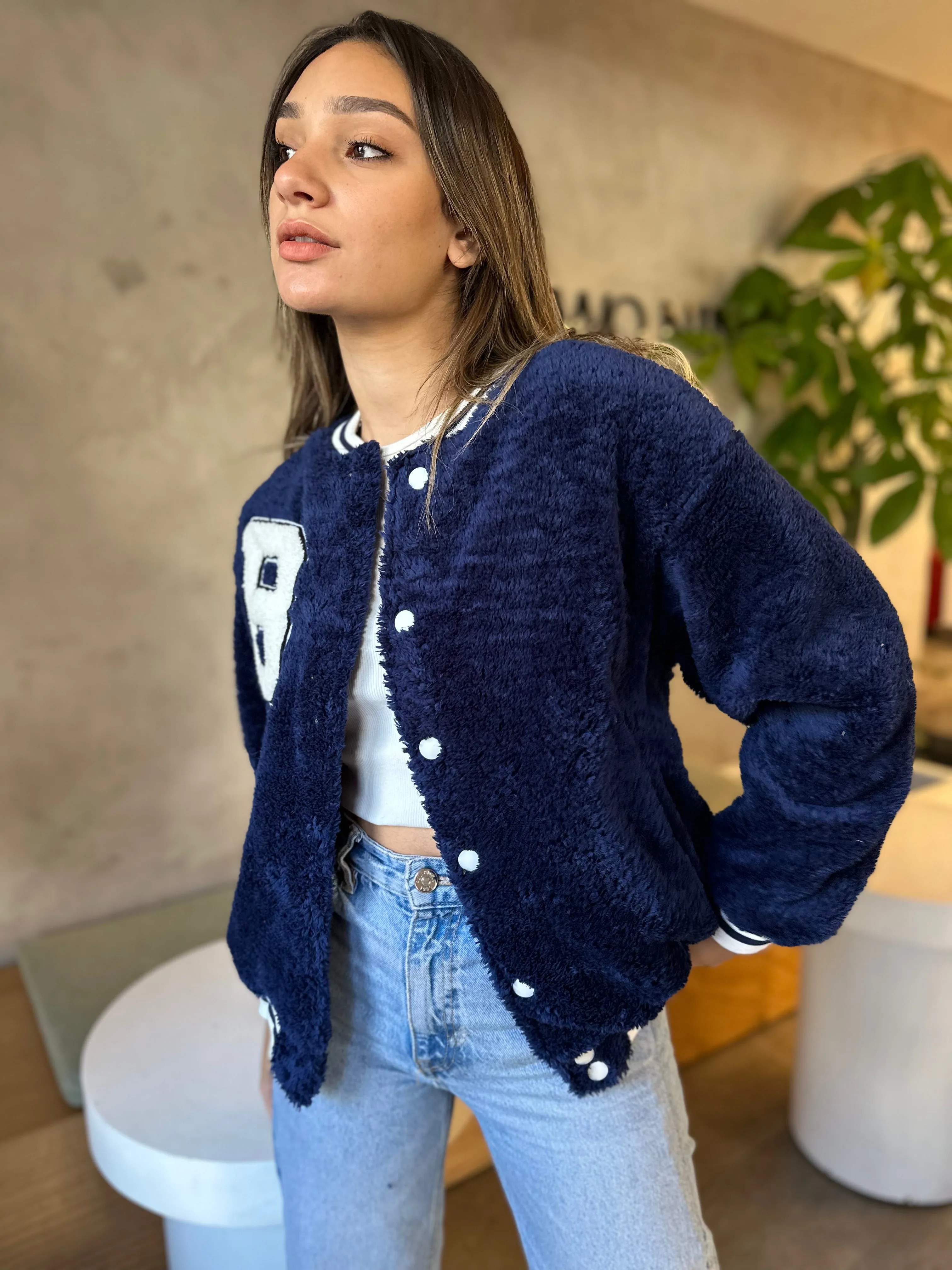 Navy Teddy Varsity Jacket