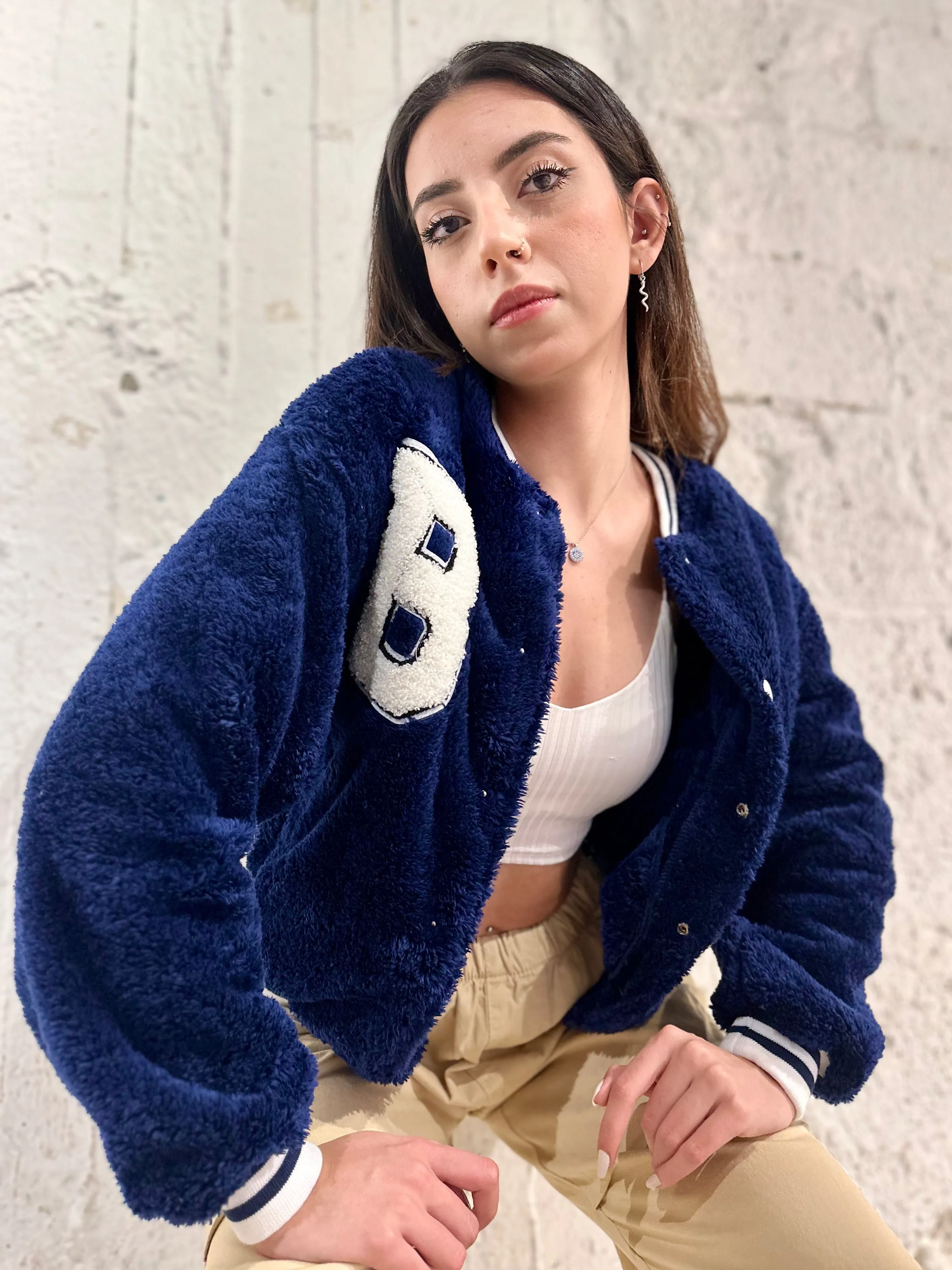 Navy Teddy Varsity Jacket