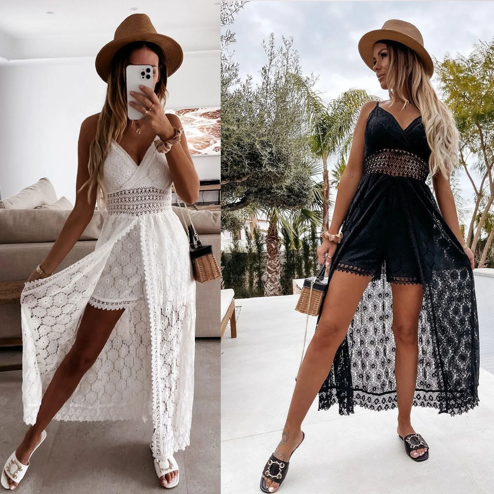 Sleeveless See Through Hollow Lace Wide Sling Rompers