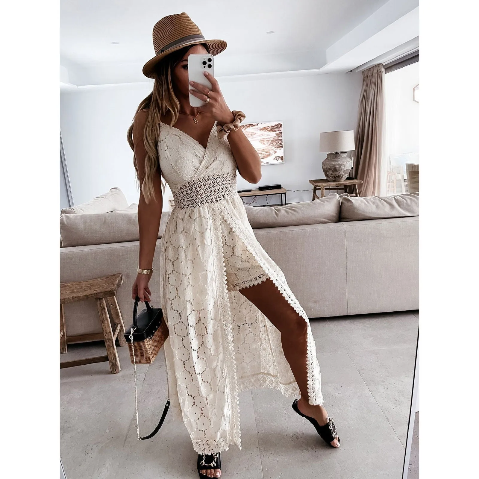 Sleeveless See Through Hollow Lace Wide Sling Rompers