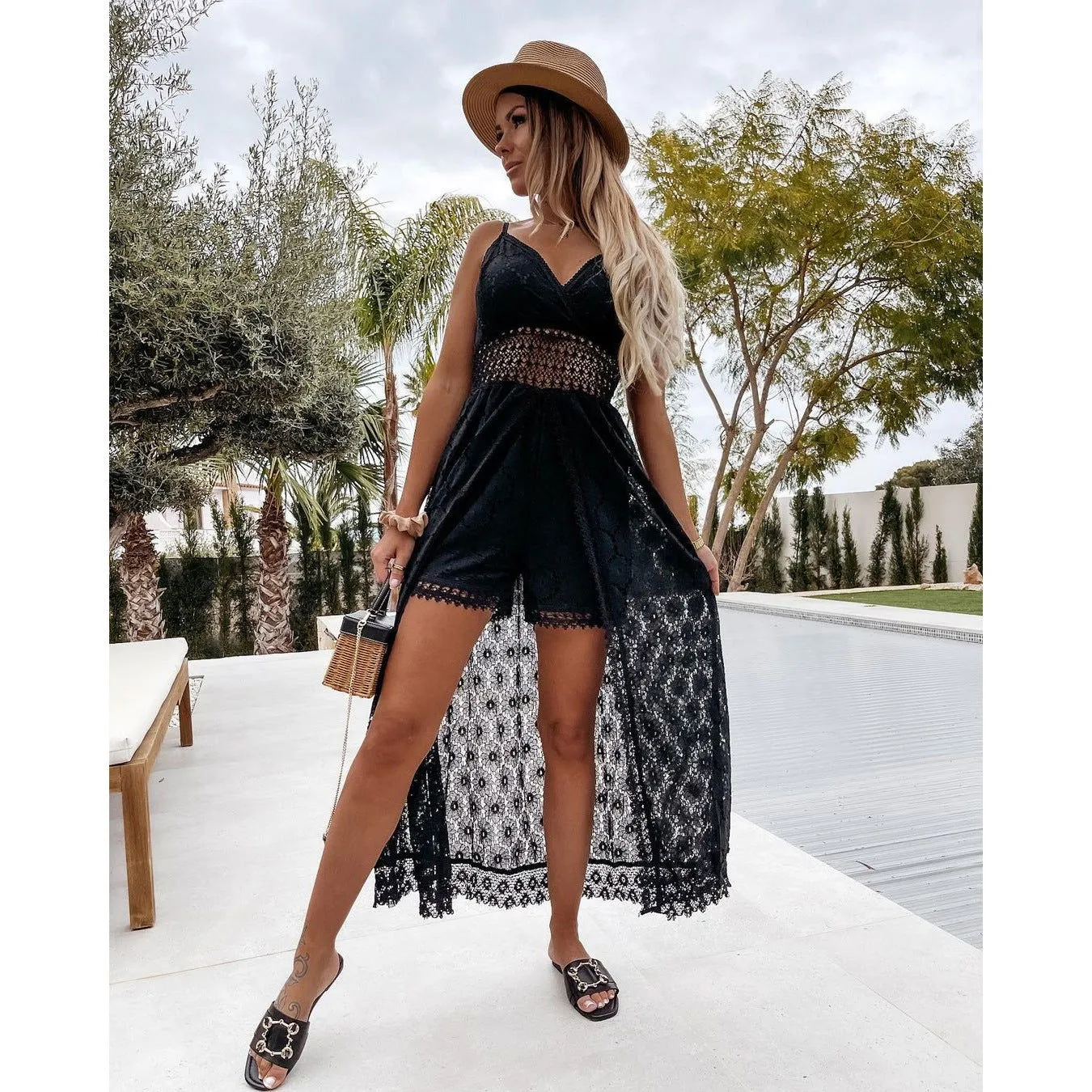 Sleeveless See Through Hollow Lace Wide Sling Rompers