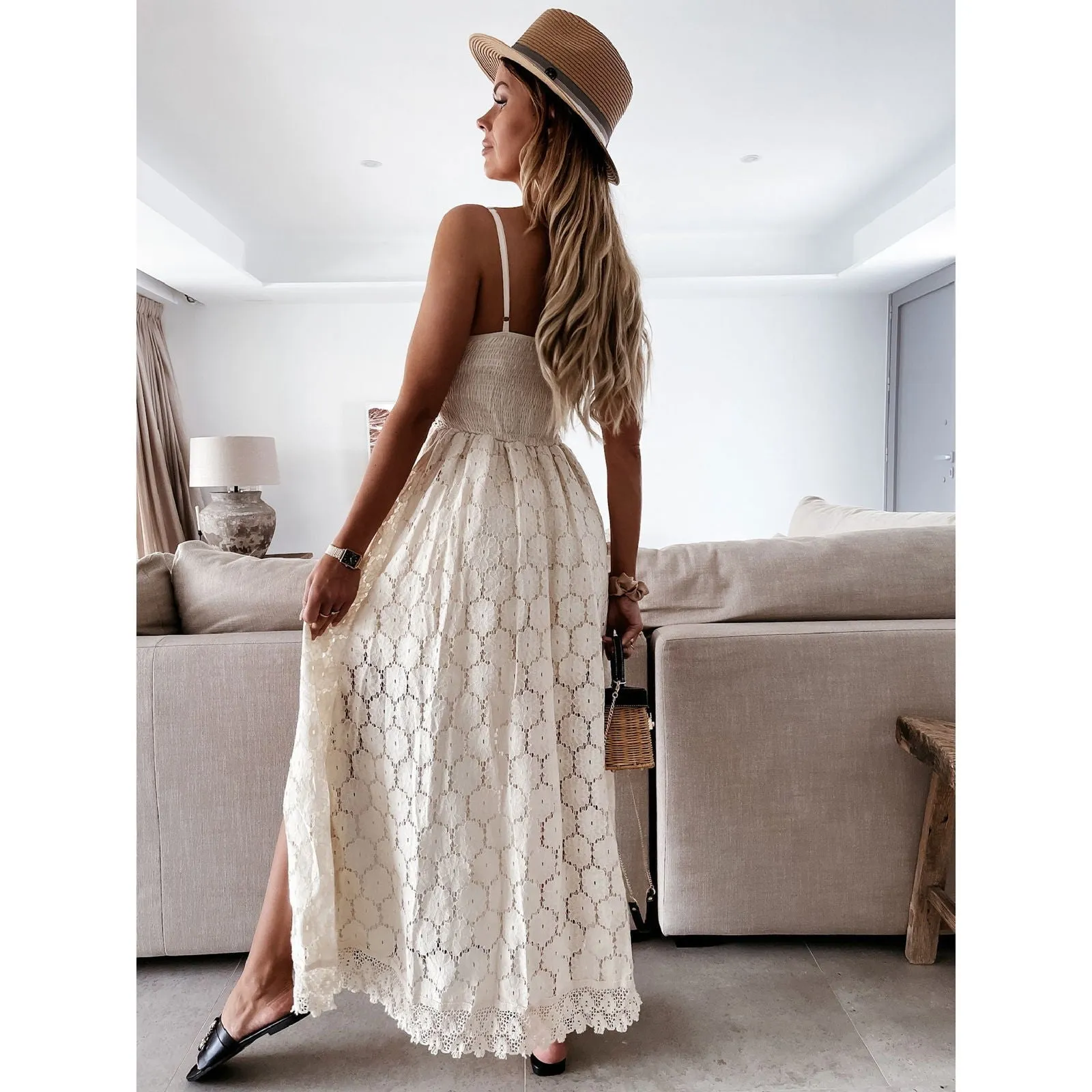 Sleeveless See Through Hollow Lace Wide Sling Rompers