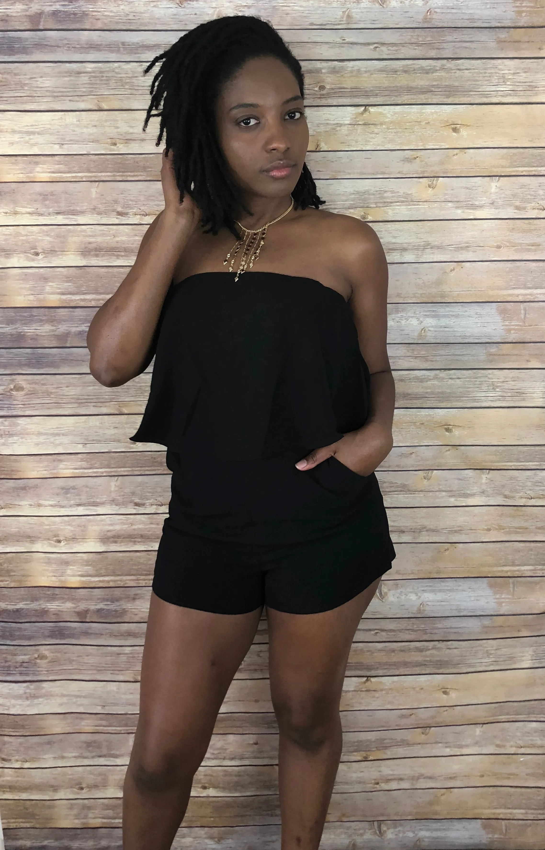 Strapless Layered Romper with Pockets
