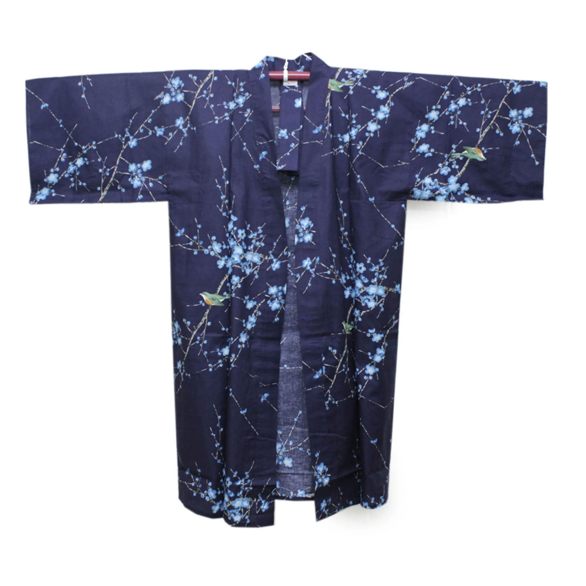 Women's Happi Coat: Kimono Robe - Plum & Bush Warbler Navy
