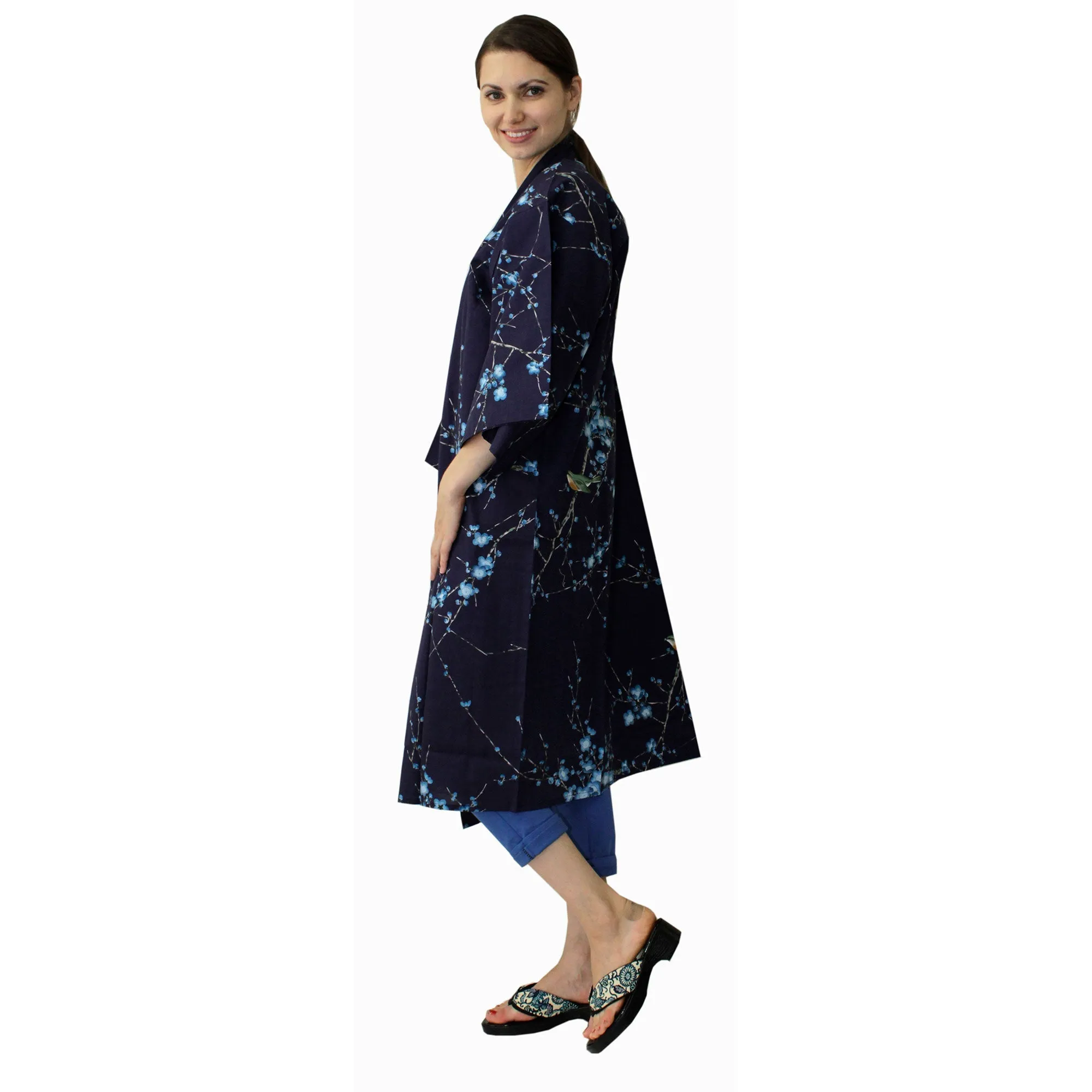 Women's Happi Coat: Kimono Robe - Plum & Bush Warbler Navy