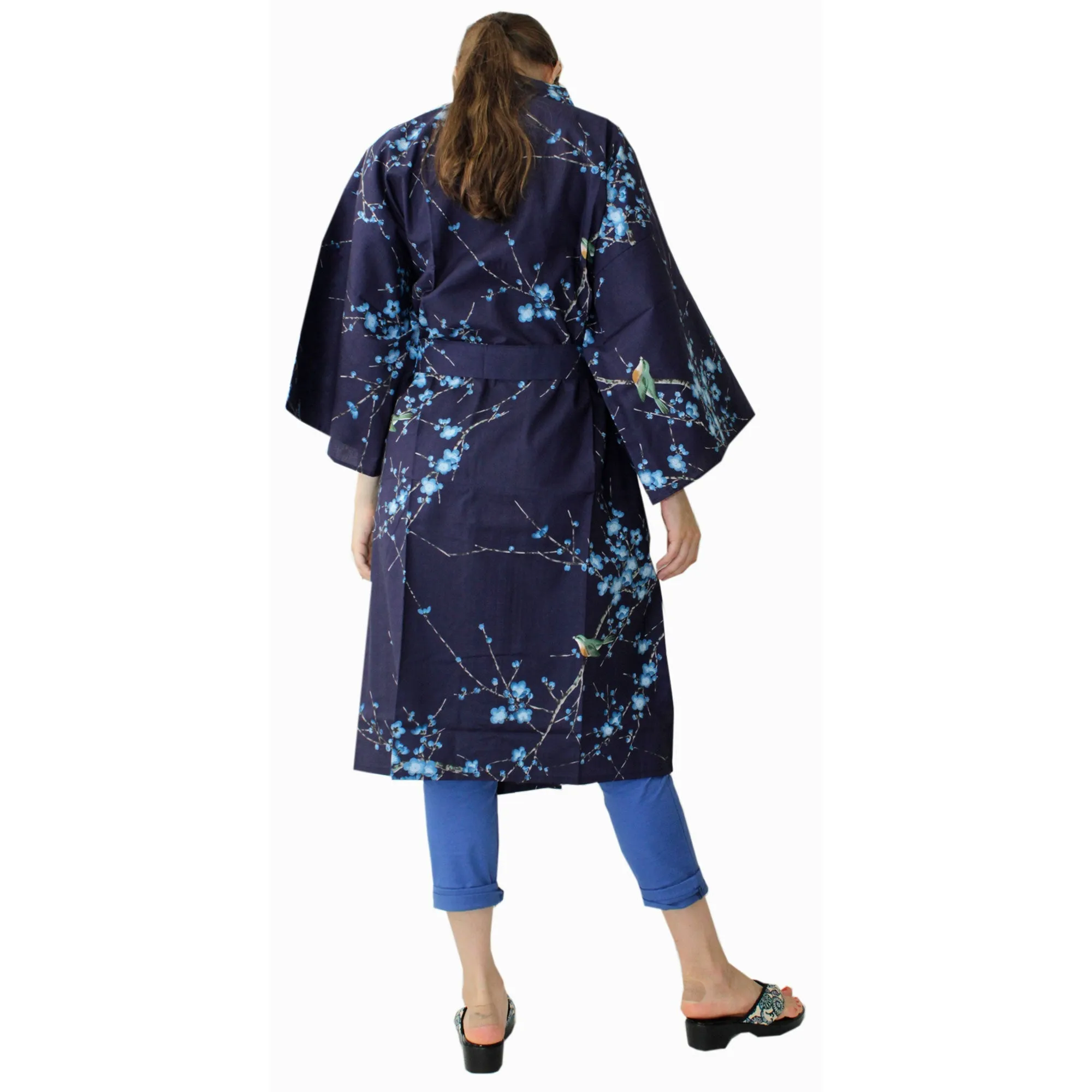 Women's Happi Coat: Kimono Robe - Plum & Bush Warbler Navy